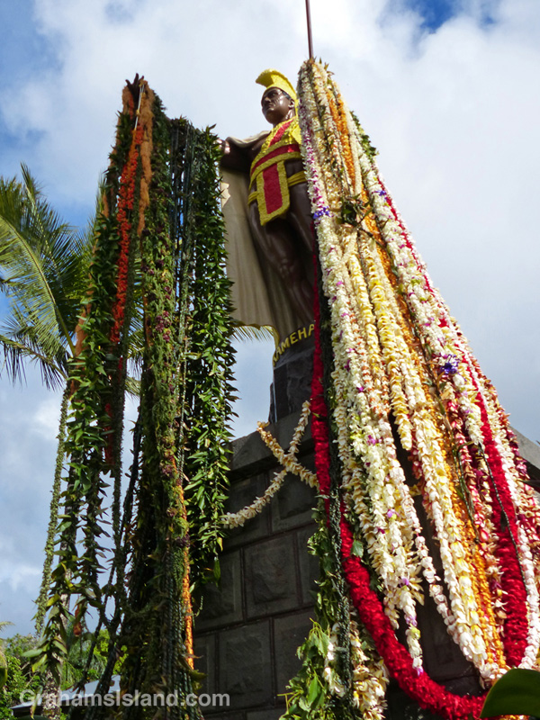 King Kamehameha's statue in Kapaau, is draped in leis on Kamehameha Day.