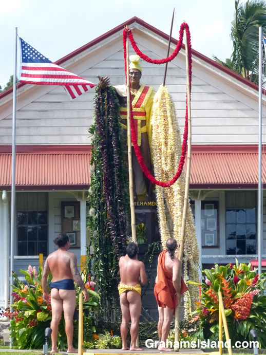A lei is draped on the statue of King Kamehameha 1 in Kapaau