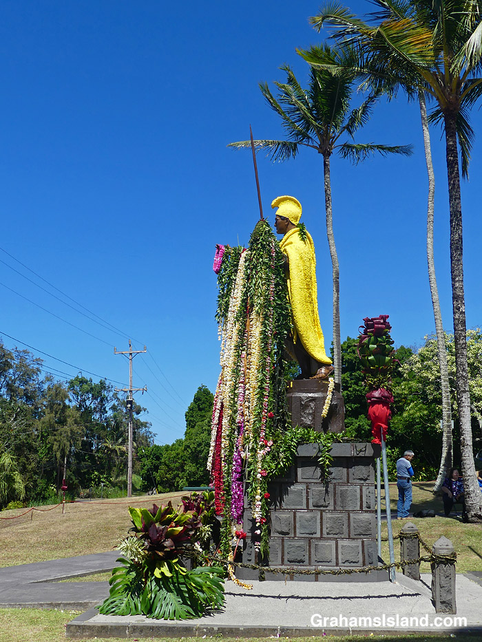 Leis draped on the statue of King Kamehameha in Kapaau, Hawaii