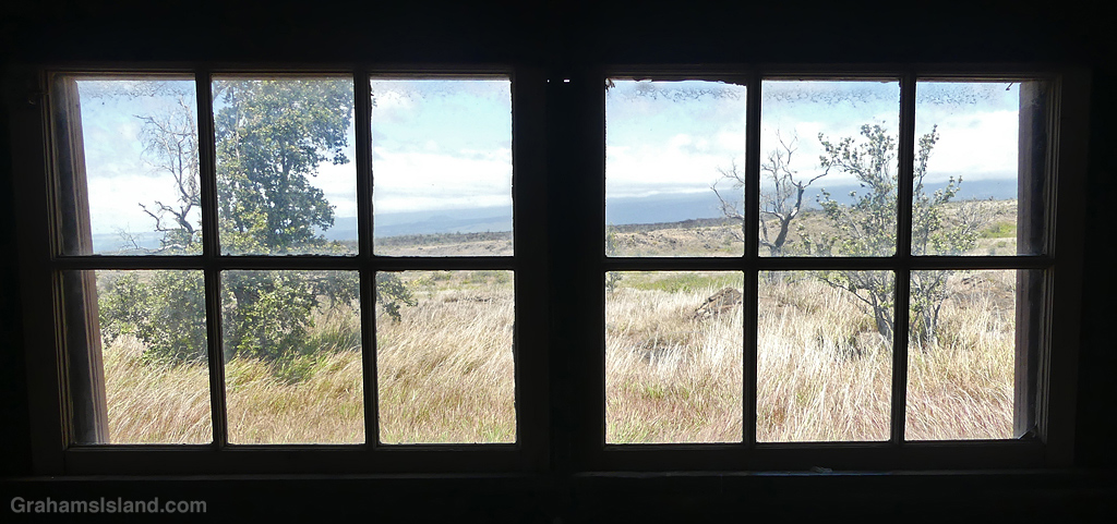 A view through the windows of Pepeiao Cabin in Hawaii Volcanoes National Park